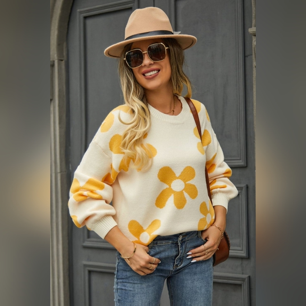Flower Power Retro Floral Knit Round Neck Long Sleeve Oversized Pullover Sweater